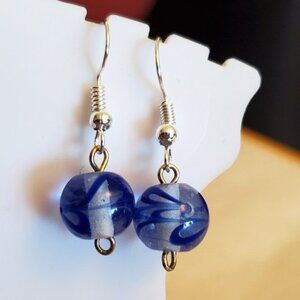 Silver Tone Hook Glass Bead Blue Swirl Earrings